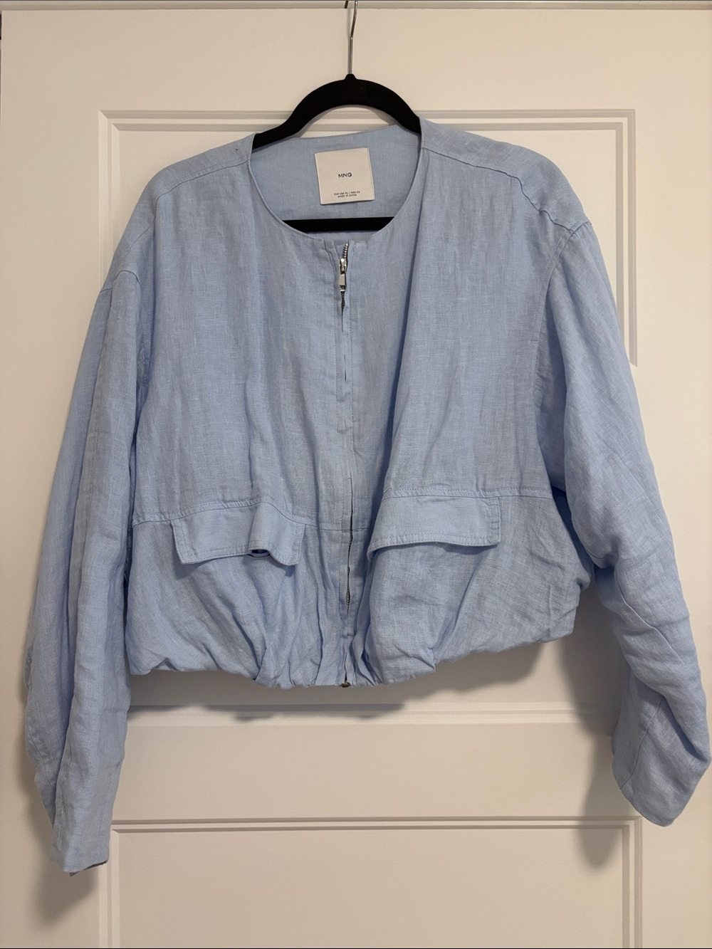 Mango Light Blue Cropped Linen Bomber Jacket